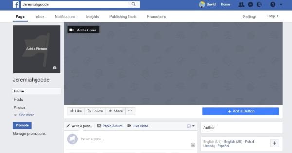 screenshot of the Facebook Page of imaginary writer "Jeremiah Goode" with no Facebook Cover Photo