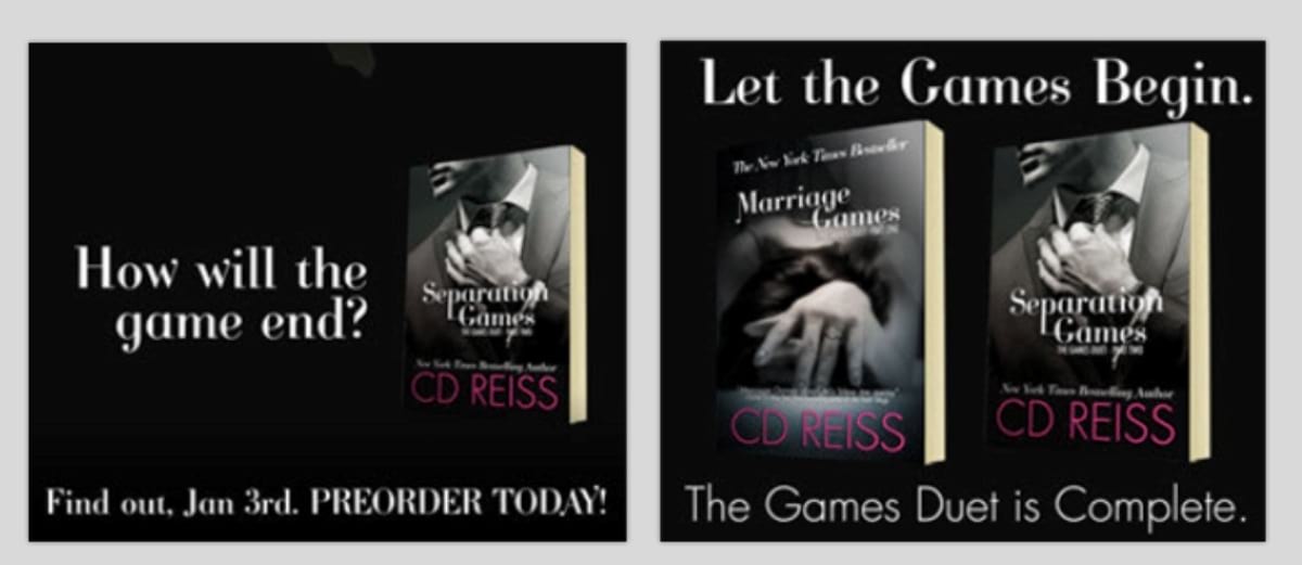CD Reiss BookBub ad examples showing one ad for existing readers and a different ad for new readers
