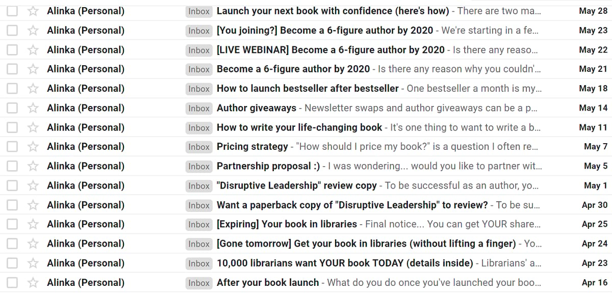 Example of a spammy use of email by an internet marketer sending sleazy messages every two days to a totally unengaged audience