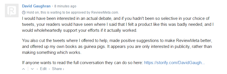 ReviewMeta blocks critical comments on its site.